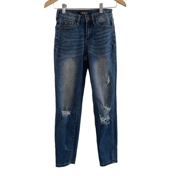JUDY BLUE Relaxed Fit Mid Rise Distressed Jeans Sz 25 Ankle Dark Blue JB8271 DK - Picture 1 of 4
